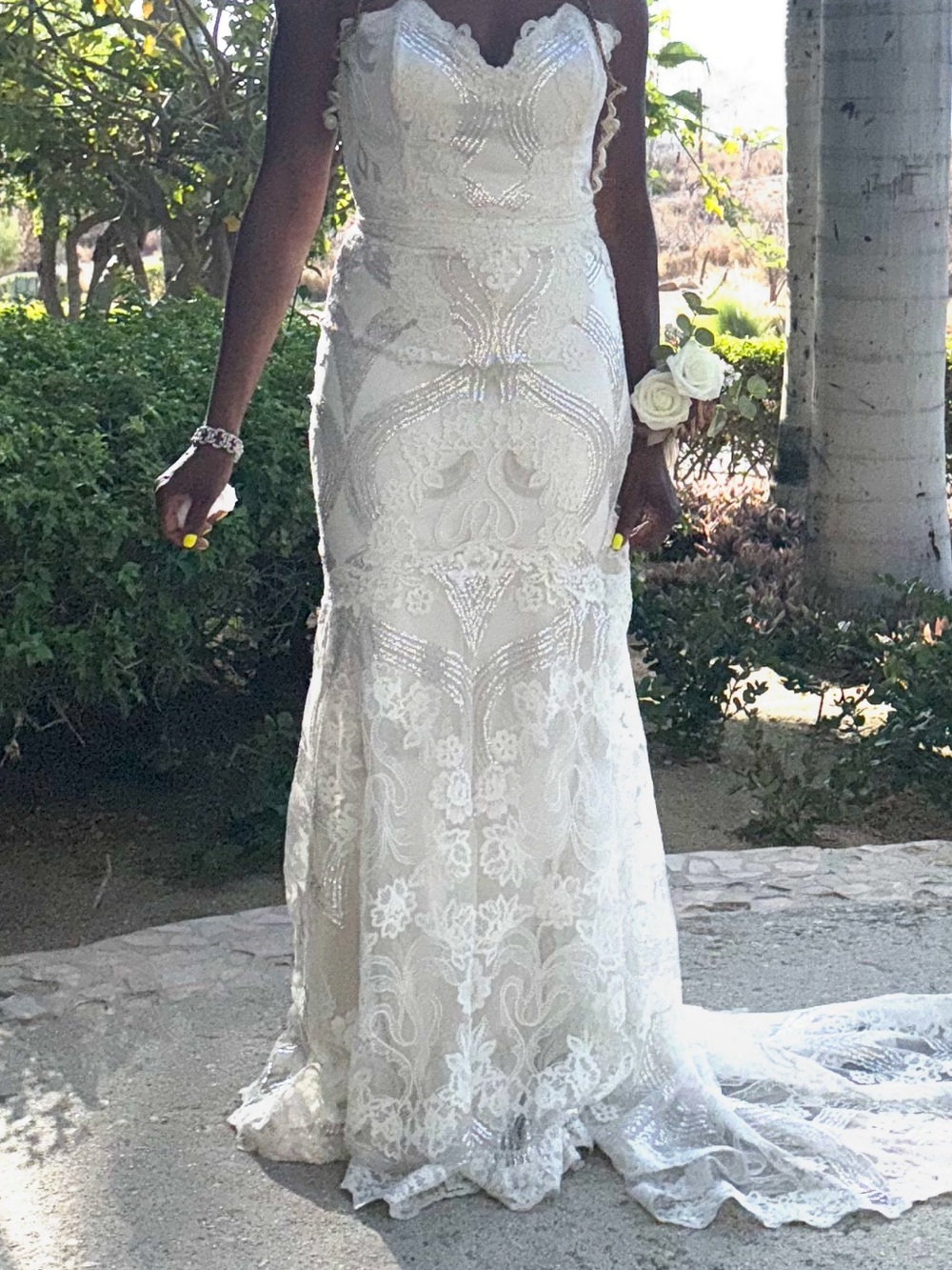 Off-White Lace Strapless Wedding Dress with Train